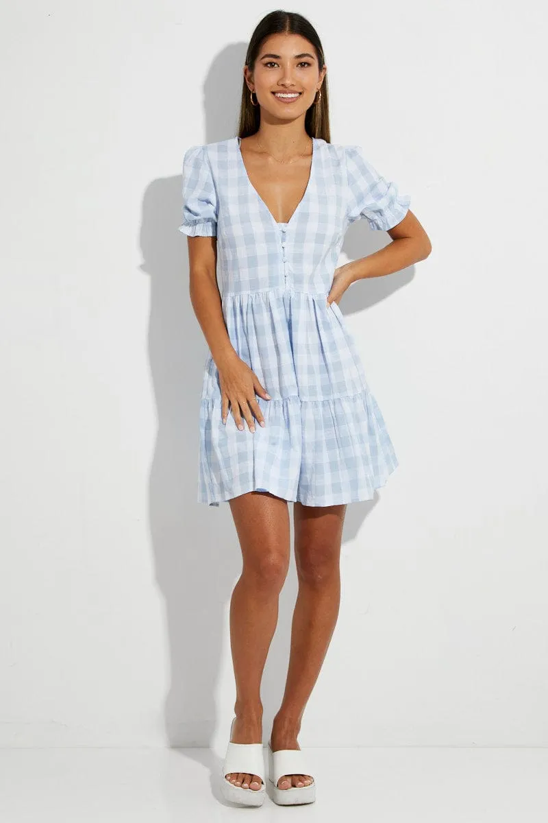 Blue Check Skater Dress V Neck Puff Sleeve Gingham Sunset Scene