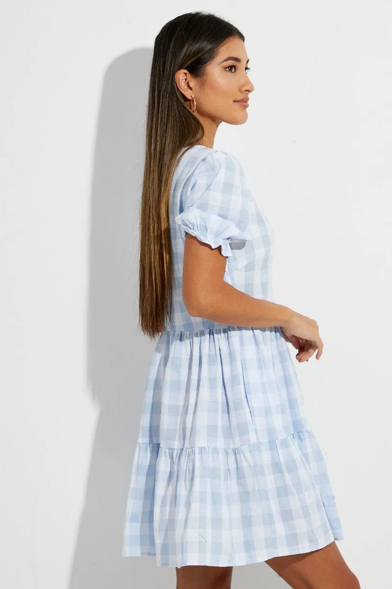 Winter Essential Blue Check Skater Dress V Neck Puff Sleeve Gingham