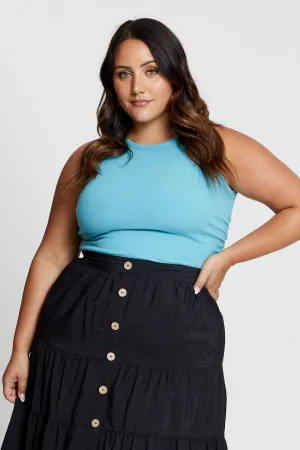 Conscious Fashion Blue Tank Top Crew Neck Sleeveless Ruched Side