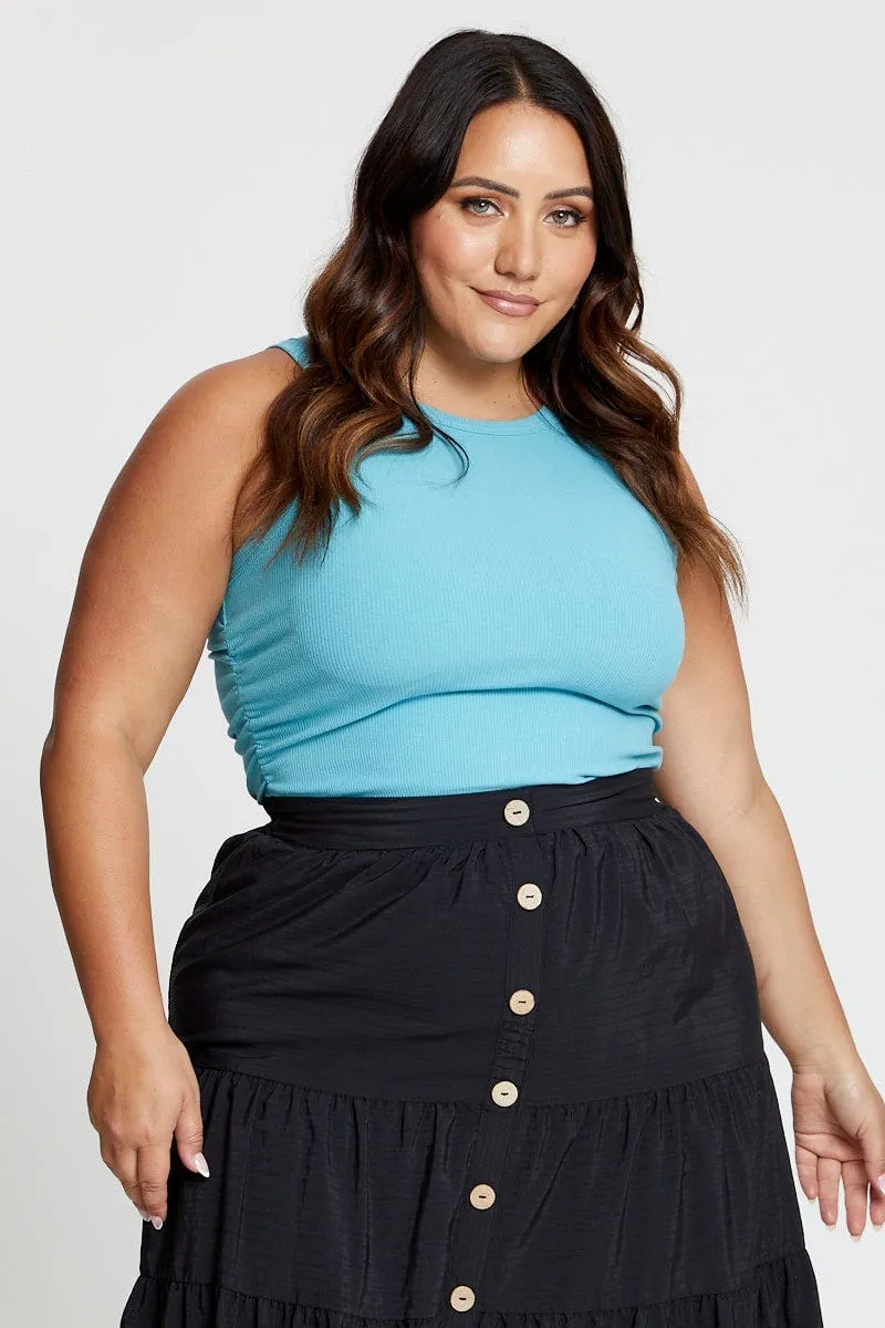 Blue Tank Top Crew Neck Sleeveless Ruched Side AntiStaticTechnology TearResistant