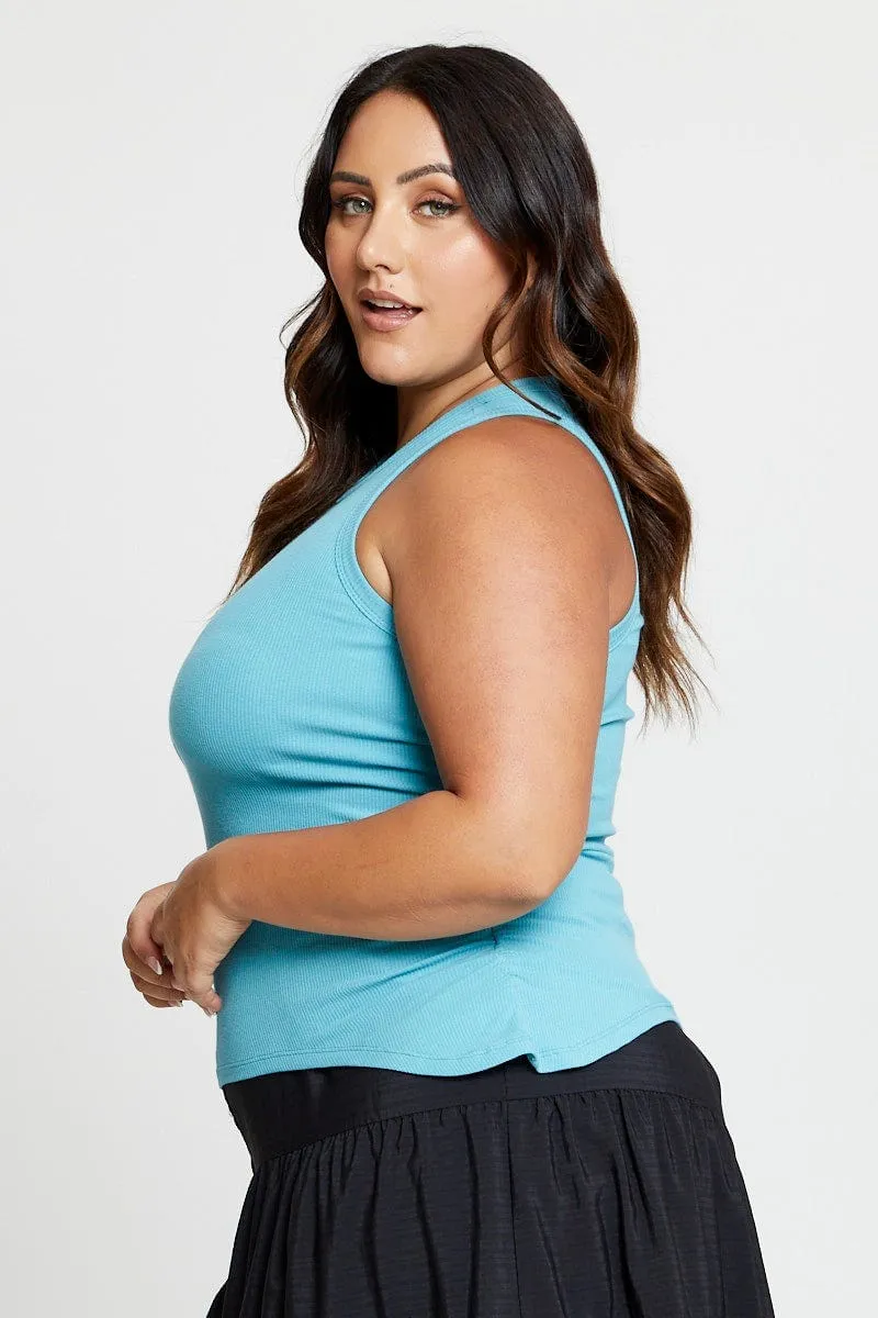 Blue Tank Top Crew Neck Sleeveless Ruched Side Pure Tone