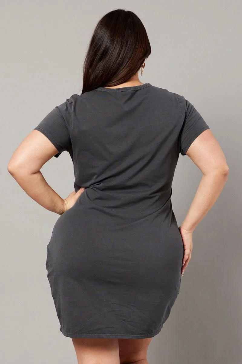 Effortless Wearable Stone Wash Process Grey Graphic Dress Short Sleeve Crew Neck