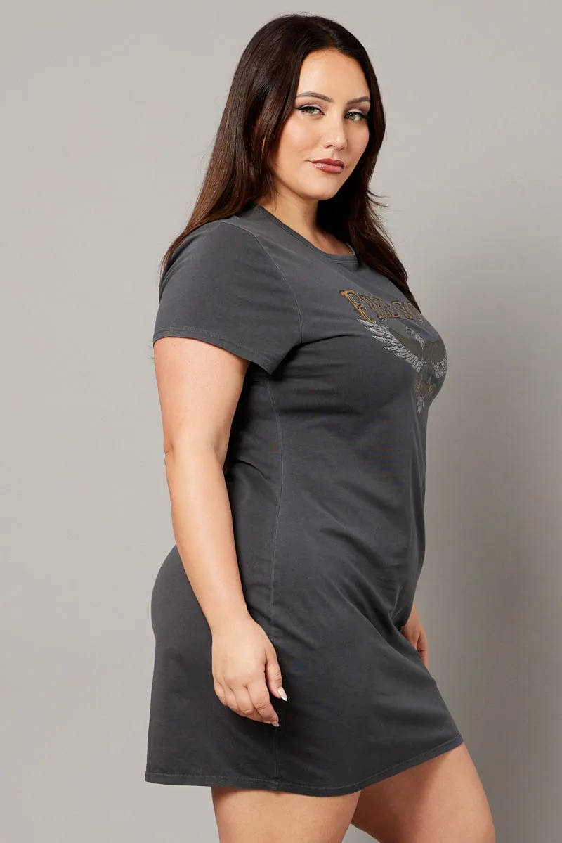 Grey Graphic Dress Short Sleeve Crew Neck Athletic Fit