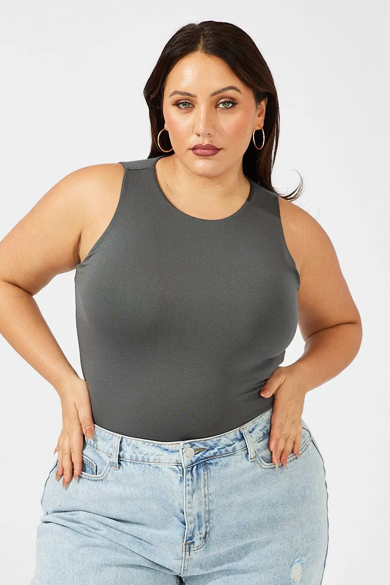 Grey Bodysuit Sleeveless Crew Neck Supersoft DoubleLayeredHem Stylish Jacket