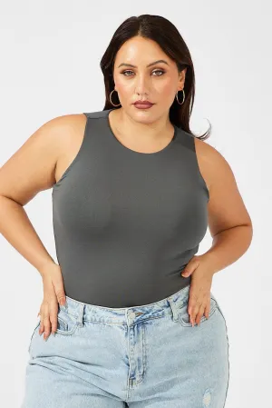 Grey Bodysuit Sleeveless Crew Neck Supersoft DoubleLayeredHem Stylish Jacket