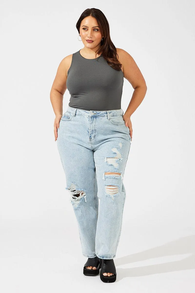 Flexible Waistline Daily Style Grey Bodysuit Sleeveless Crew Neck Supersoft