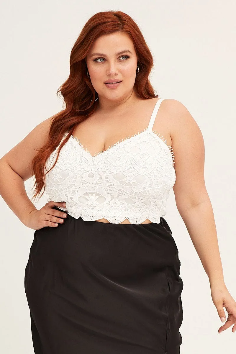 Free Mind sporty wear White Crop Singlet Top Crochet Lace