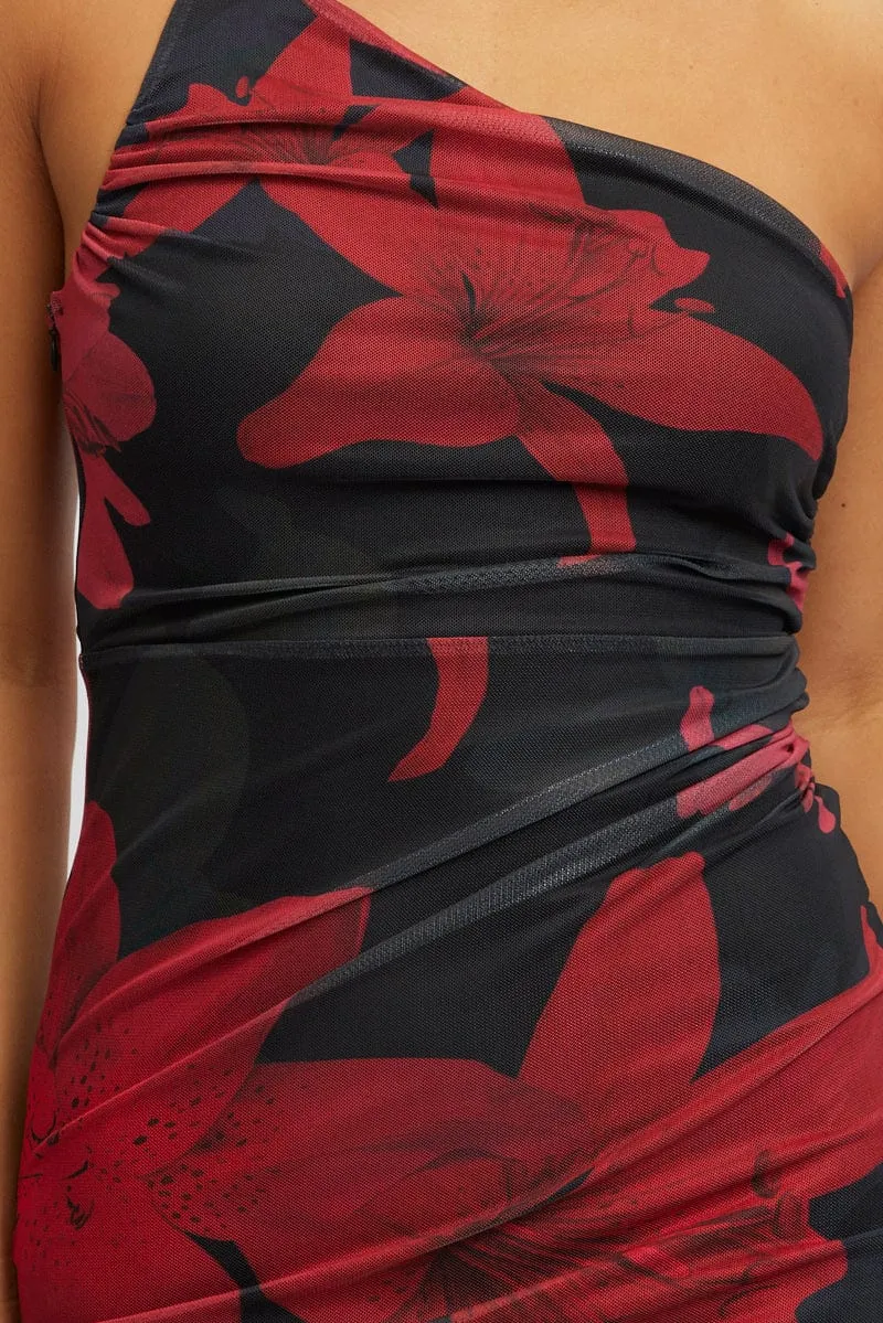 Harbor Style Heart Glow Black Floral Bodycon Dress One Shoulder