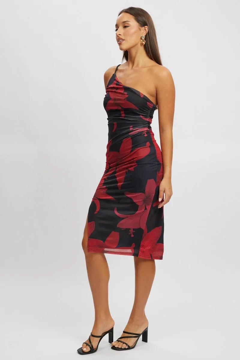 Black Floral Bodycon Dress One Shoulder OdorResistantClothing