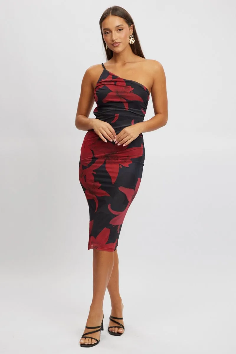 Black Floral Bodycon Dress One Shoulder Sporty Style Train Ease
