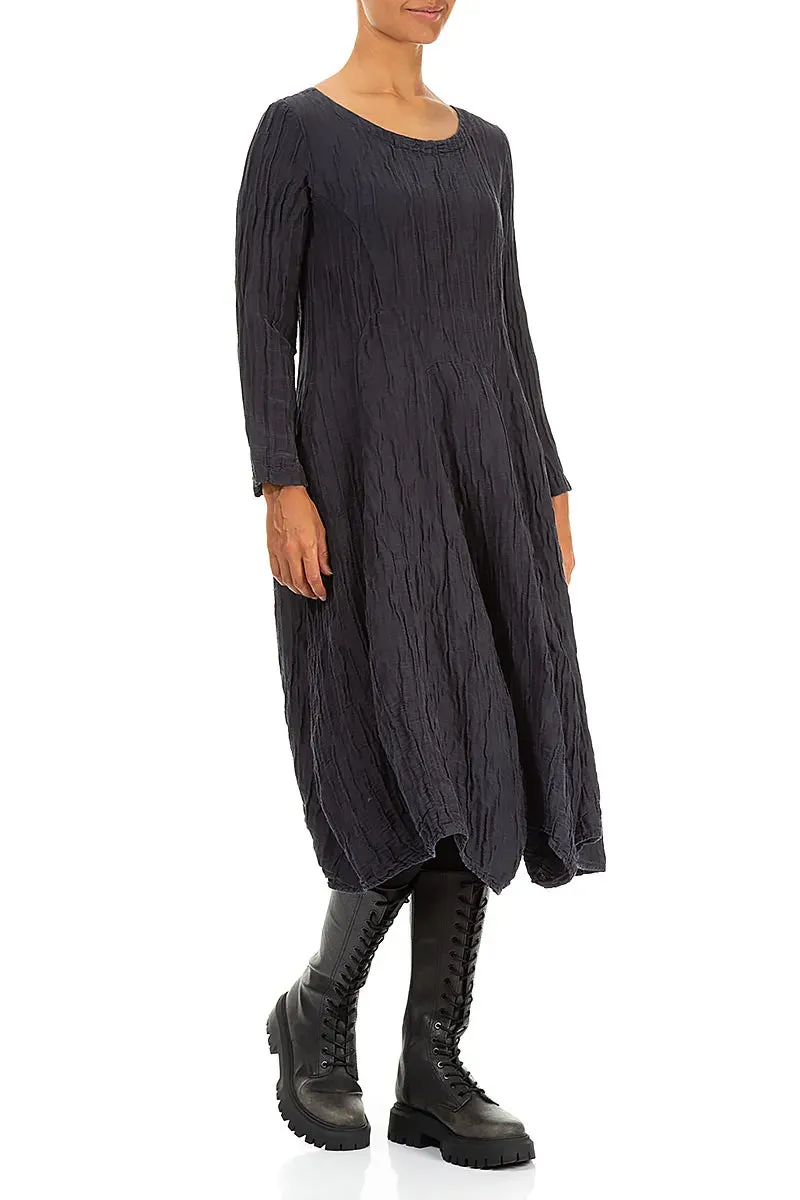 Functional Fit Flared Crinkled Graphite Blue Silk Linen Dress