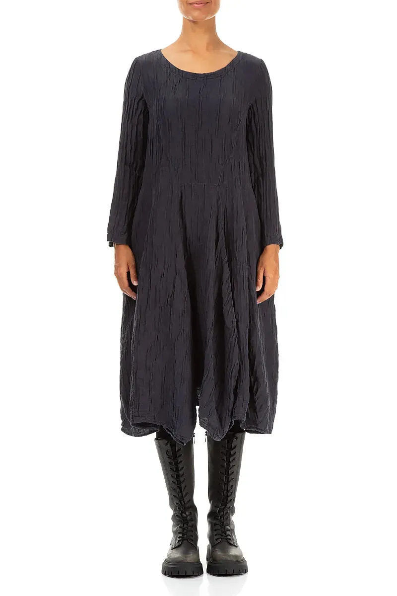 Vintage Style Frost Glow Flared Crinkled Graphite Blue Silk Linen Dress