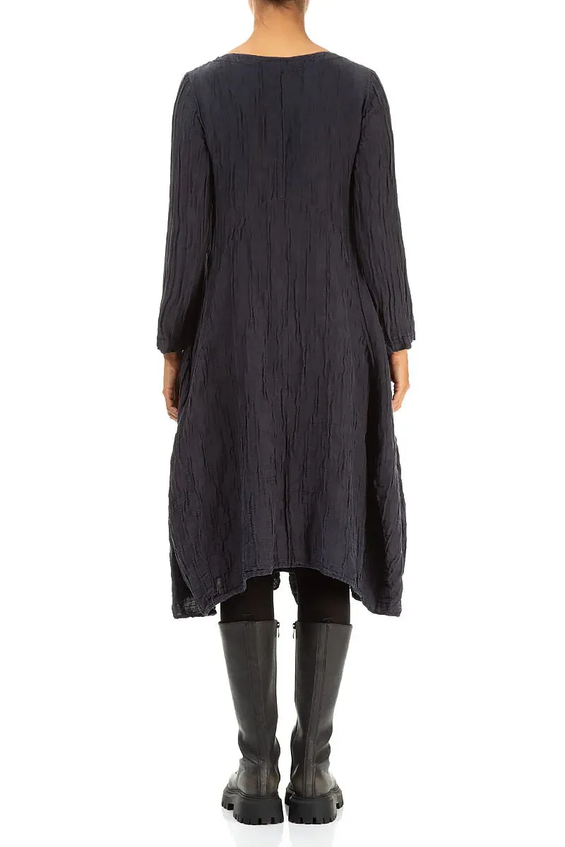 Flared Crinkled Graphite Blue Silk Linen Dress HypoallergenicFabric HighElasticity Fiber