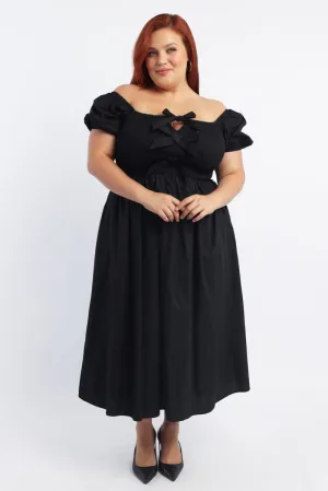 Elegant dress for brunch Lasting Joy Black Midi Dress Short Sleeve Shirred Body Ribbon Front