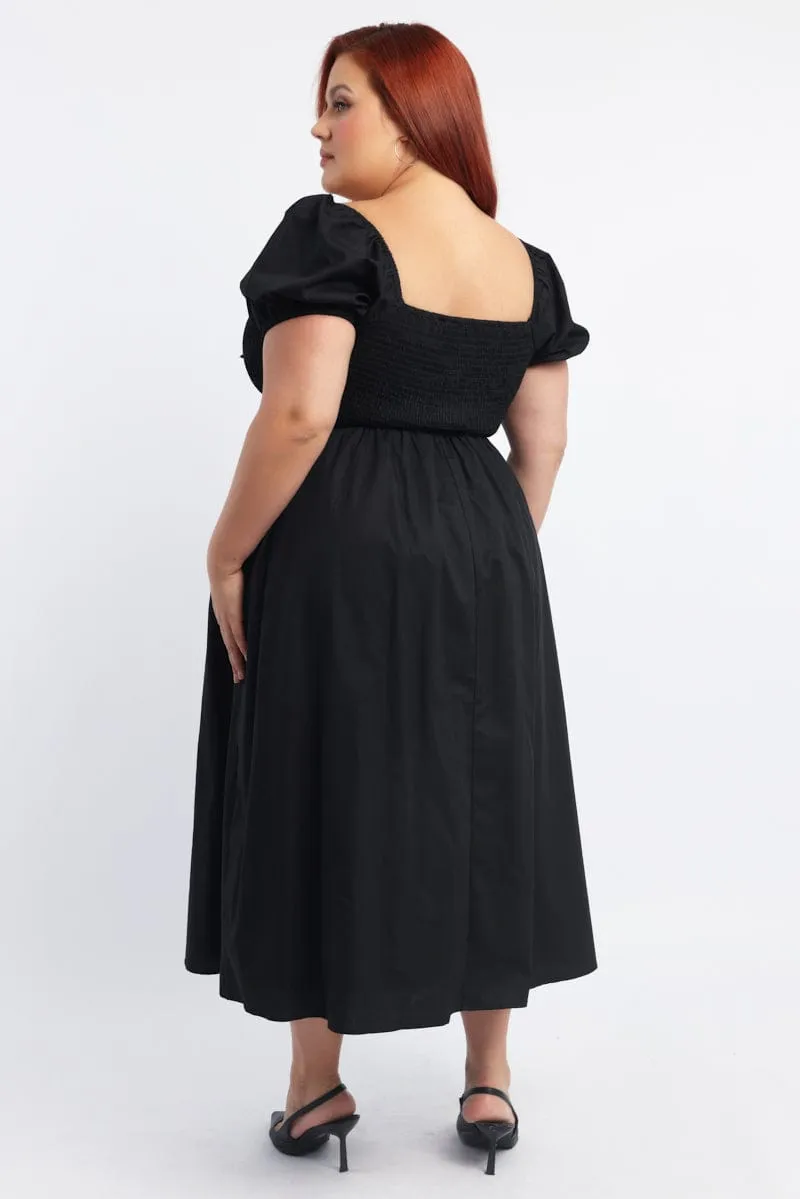 Black Midi Dress Short Sleeve Shirred Body Ribbon Front Airy Mood