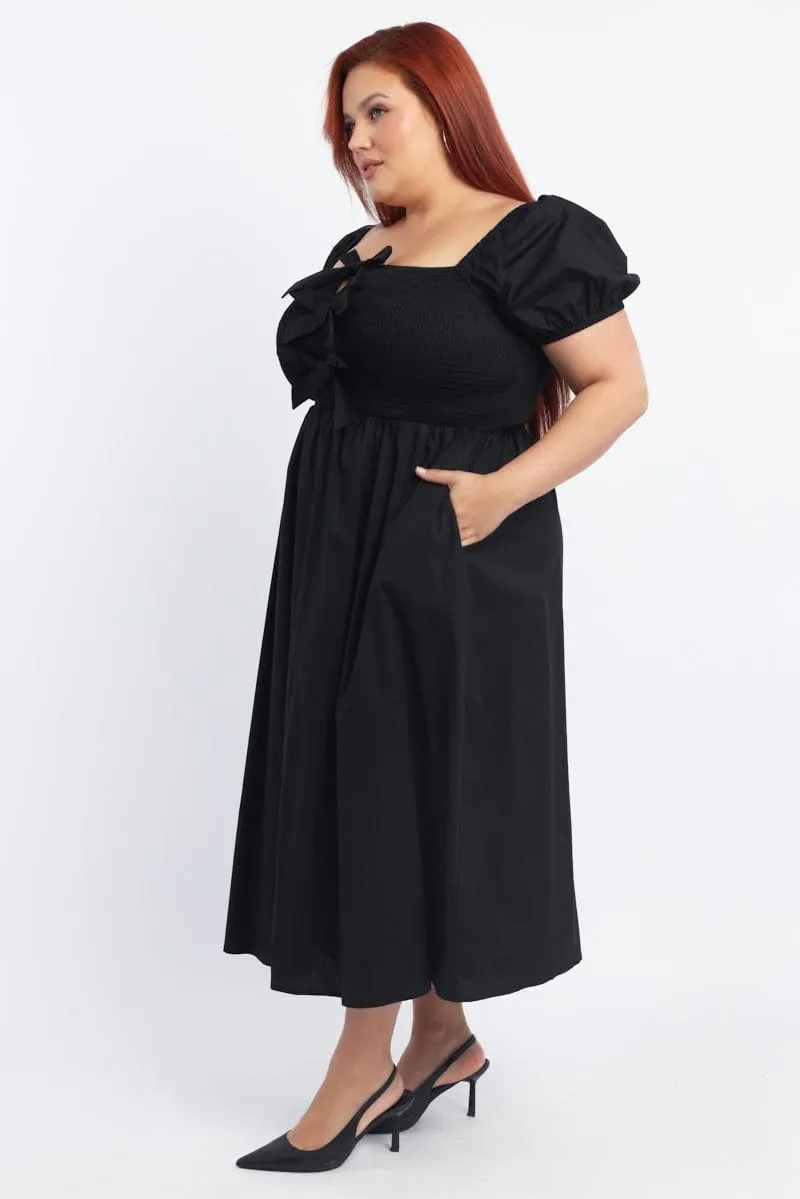 Artistic Vibe Trendy Style Black Midi Dress Short Sleeve Shirred Body Ribbon Front
