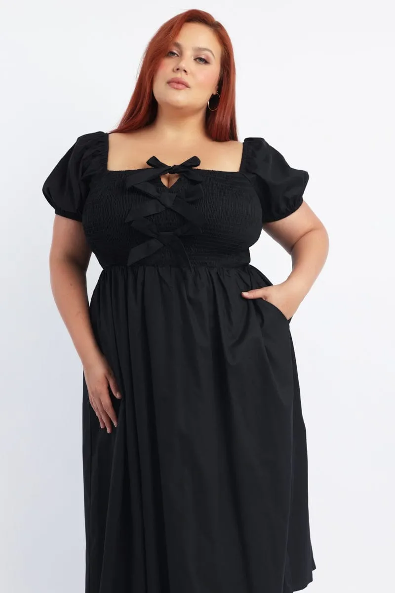 All Day Black Midi Dress Short Sleeve Shirred Body Ribbon Front
