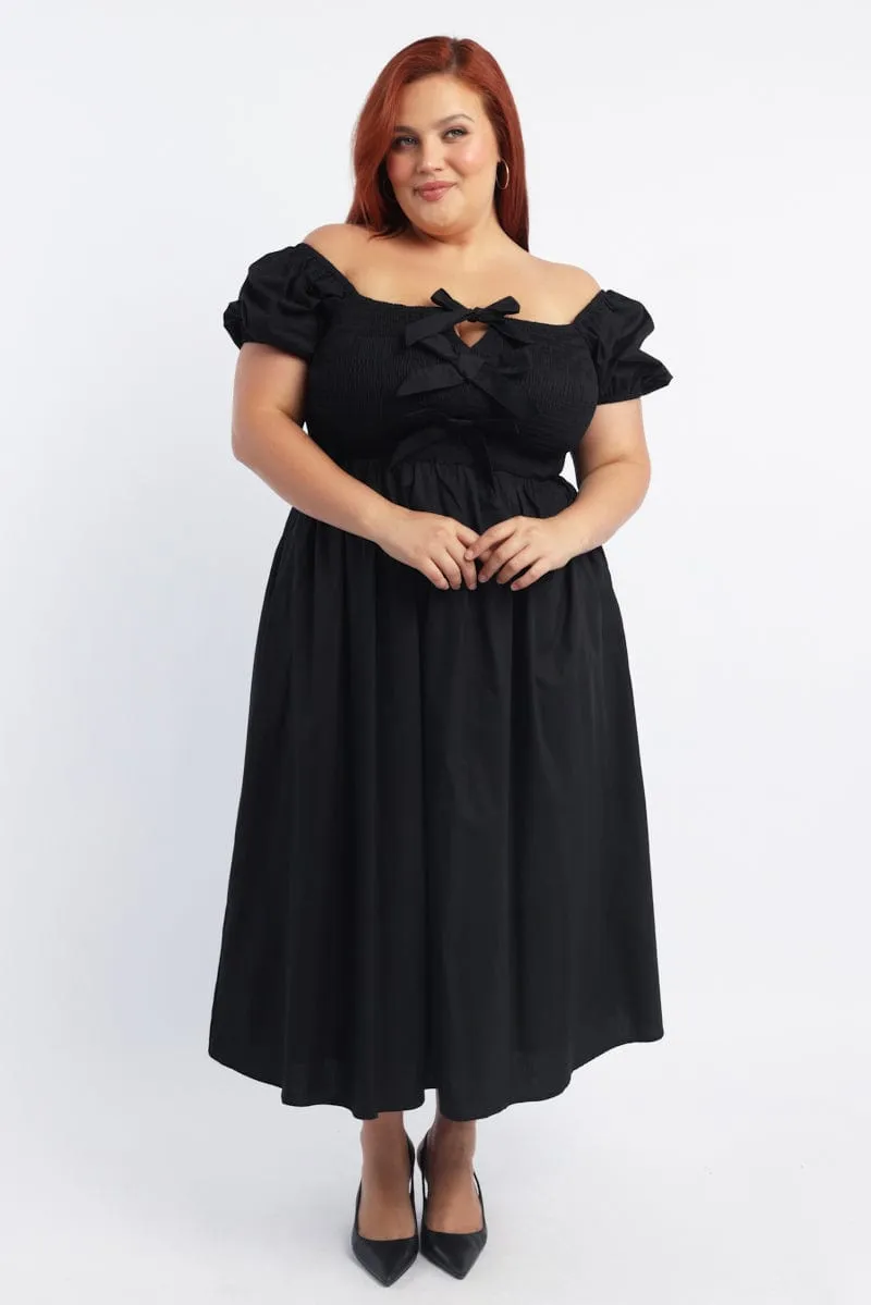 Elegant dress for brunch Lasting Joy Black Midi Dress Short Sleeve Shirred Body Ribbon Front