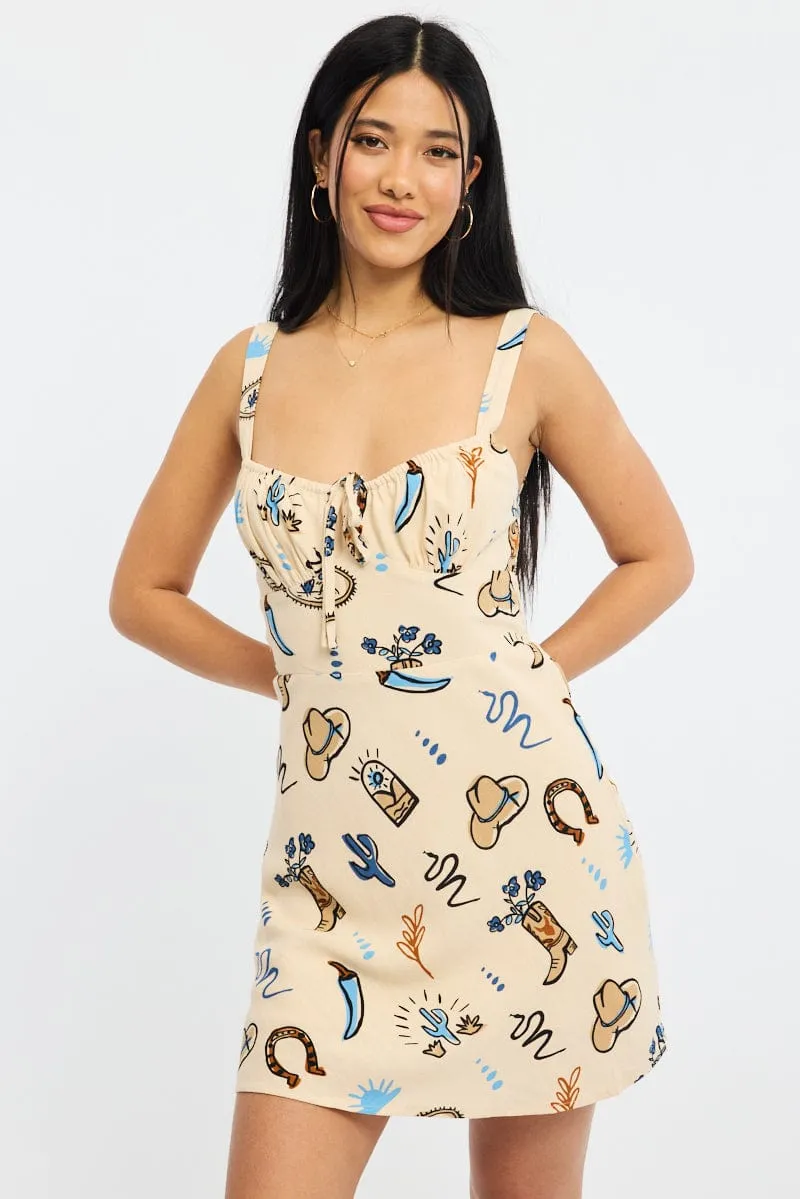 Elegant short silhouette Beige Abstract Mini Dress Sleeveless