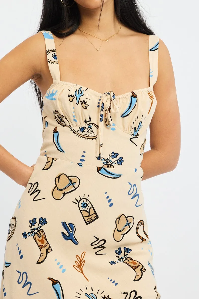 Summer Vibes Vibrant Beige Abstract Mini Dress Sleeveless
