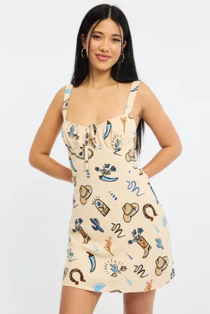 Elegant short silhouette Beige Abstract Mini Dress Sleeveless