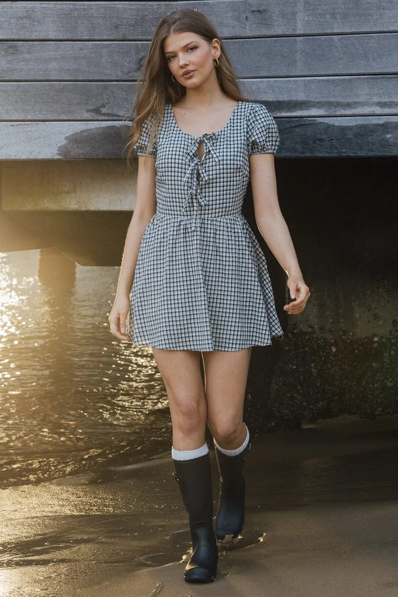 Black Check Mini Dress Ribbon Detail Urban Chic