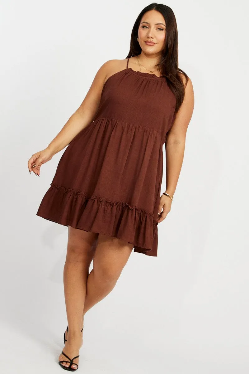 Fashionable above-the-knee gown Breathable fabric Brown Strappy Mini Dress