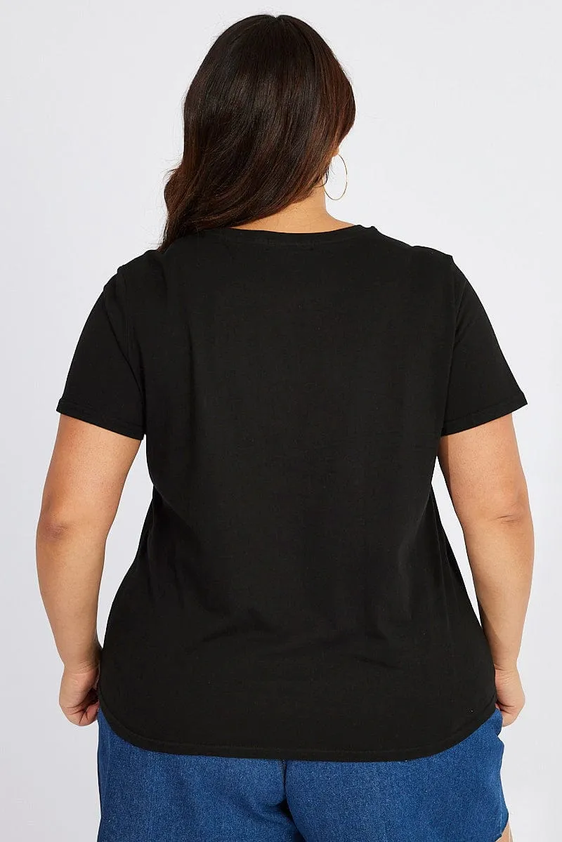 Indoor Comfort Travel Ready Black Graphic T-shirt Short Sleeve Crew Neck