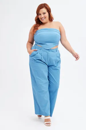Blue Wide Leg Pants High Rise Quick Access Zippers WrinkleResistantMaterial