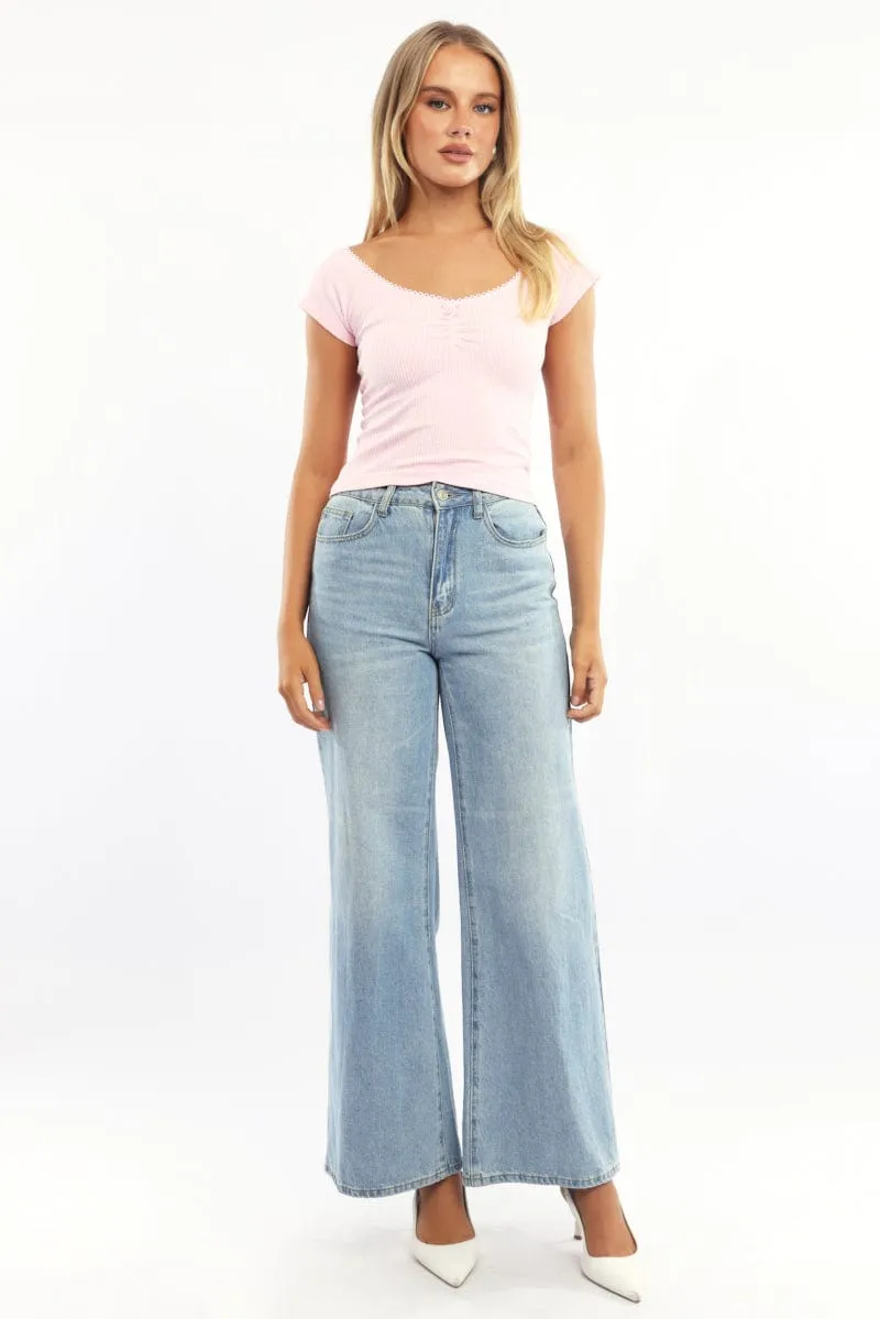 AntimicrobialCoating Reinforced Stitching Pink Seamless Top Short Sleeve Picot Trim Rib