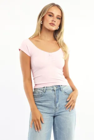 Pink Seamless Top Short Sleeve Picot Trim Rib Basic Wear