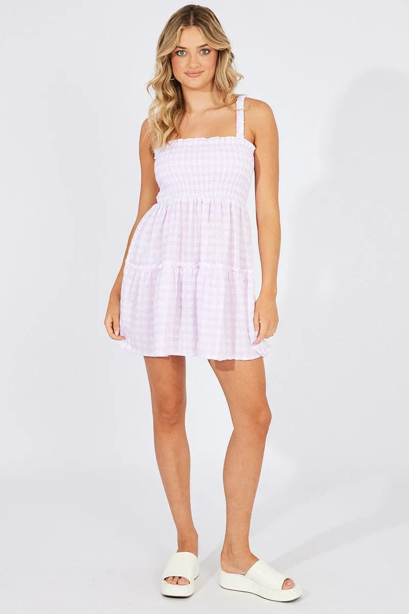 Purple Check Fit And Flare Dress Shirred Bust Mini Comfortable Lounge