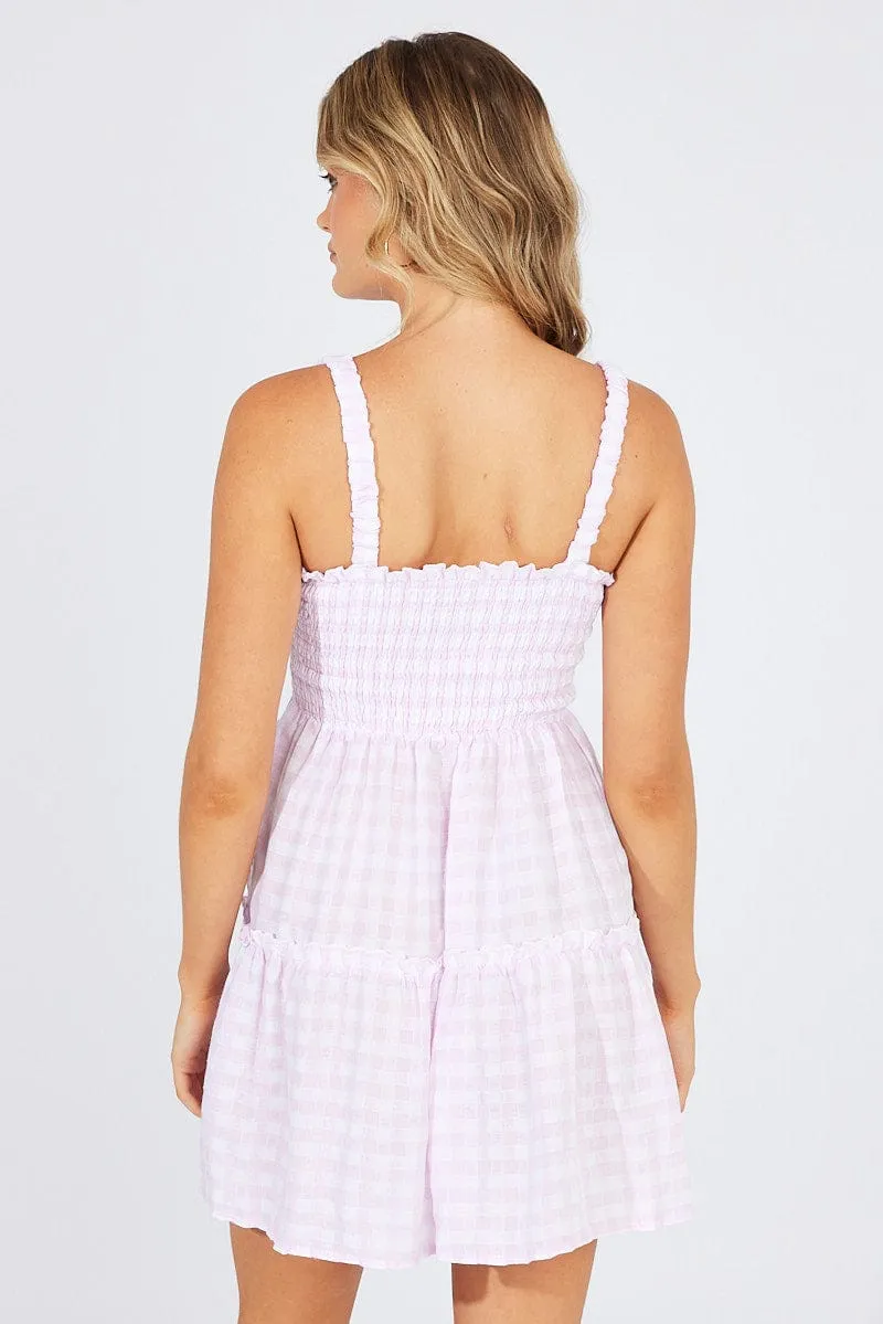Purple Check Fit And Flare Dress Shirred Bust Mini AntiPilling Surface Strong Soul