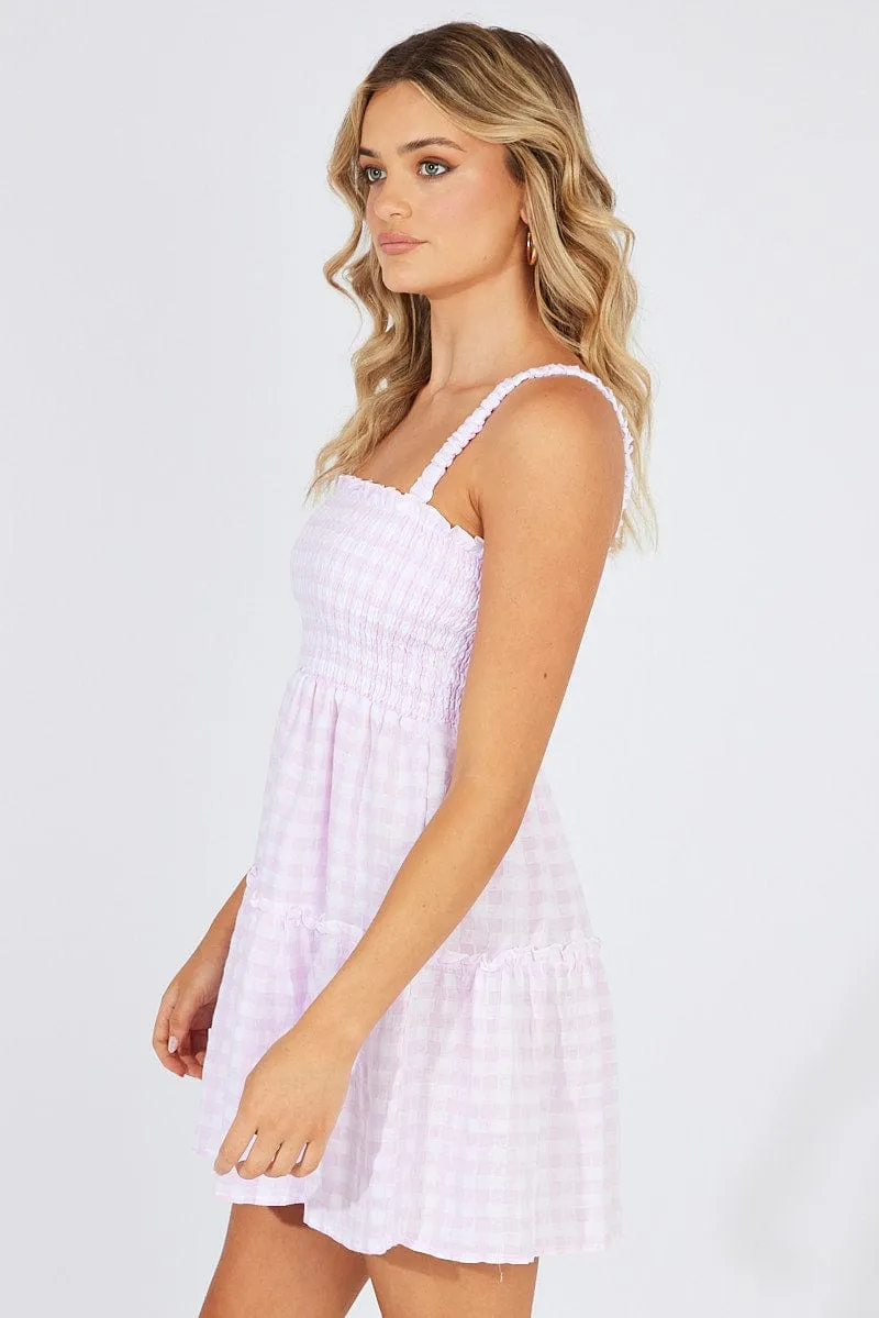 Purple Check Fit And Flare Dress Shirred Bust Mini DurableCoverstitch