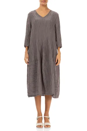 V-Neck Crinkled Truffle Silk Linen Dress Transitional Fashion