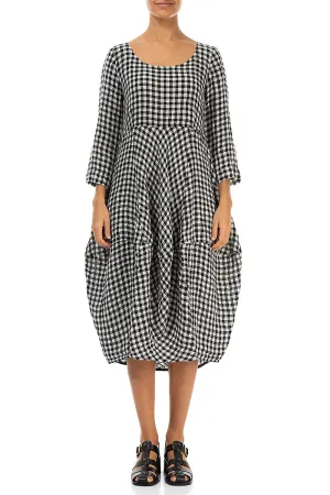 Ocean Fit Balloon Cropped Sleeves Black & White Check Linen Dress