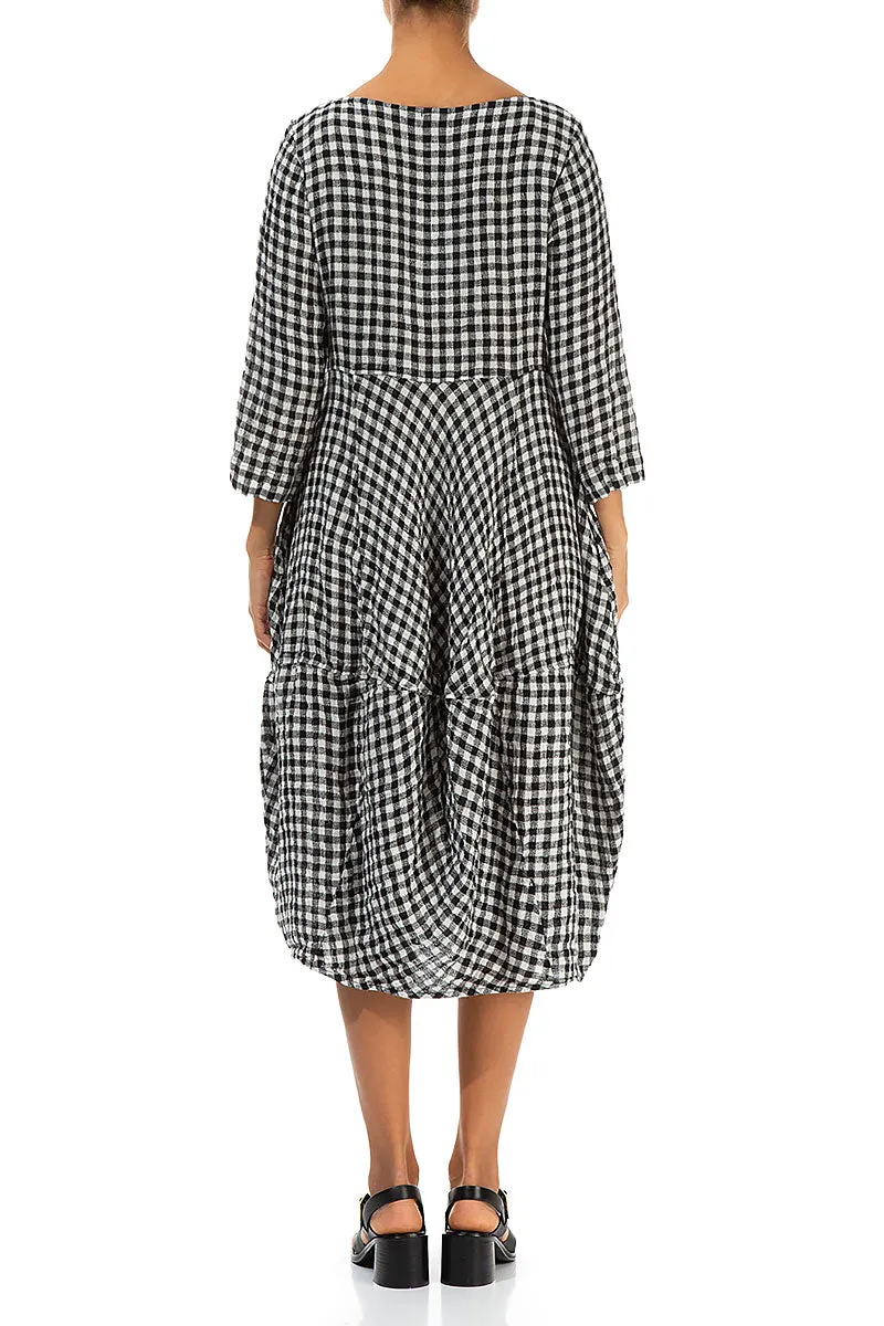 Balloon Cropped Sleeves Black & White Check Linen Dress FlexibleMaterial Warm Gloves