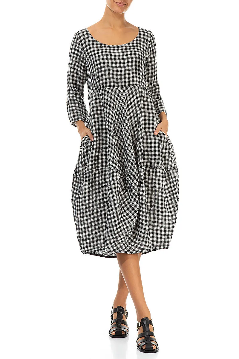 Balloon Cropped Sleeves Black & White Check Linen Dress DurableWeave