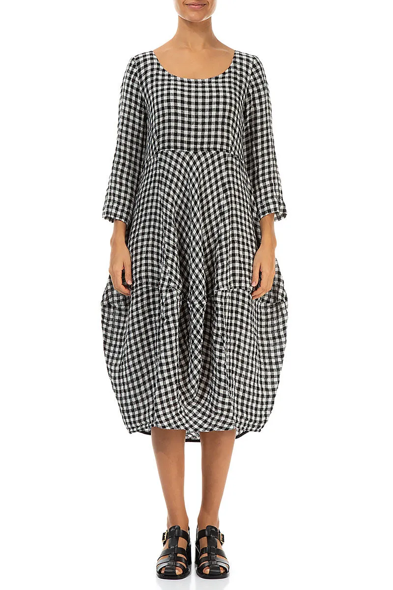 Ocean Fit Balloon Cropped Sleeves Black & White Check Linen Dress