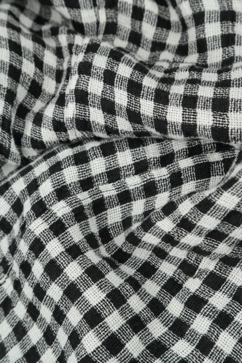WrinkleFreeTexture Balloon Cropped Sleeves Black & White Check Linen Dress