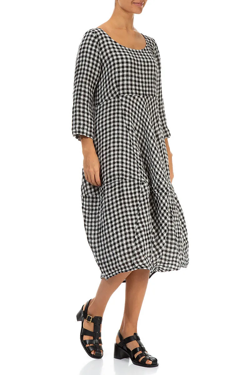 Balloon Cropped Sleeves Black & White Check Linen Dress LightweightDesign Accessory Fashion