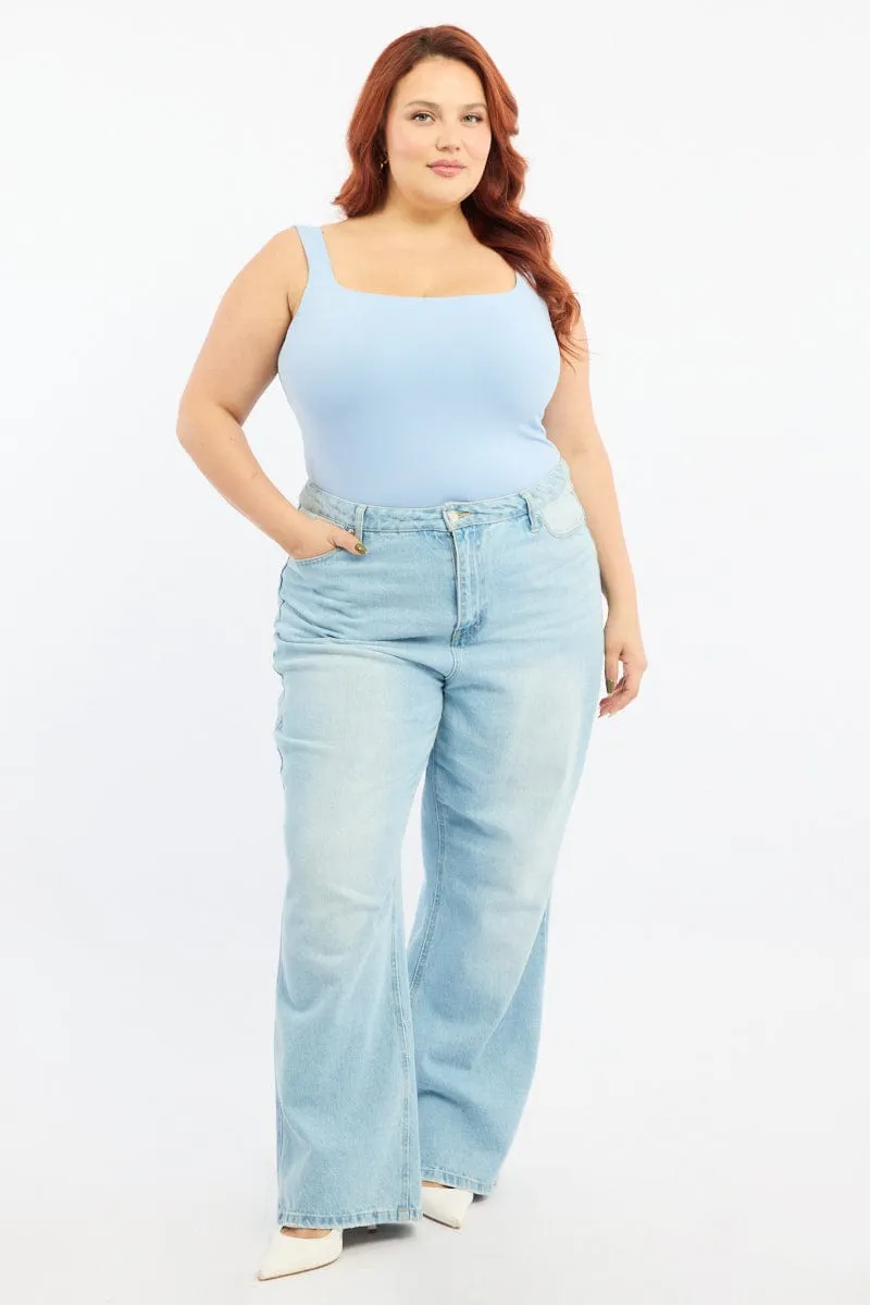 Blue Bodysuit Sleeveless Square Neck Supersoft StainResistant Fabric