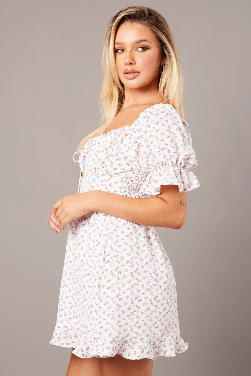 AdjustableCuffs White Floral Fit And Flare Dress Puff Sleeve