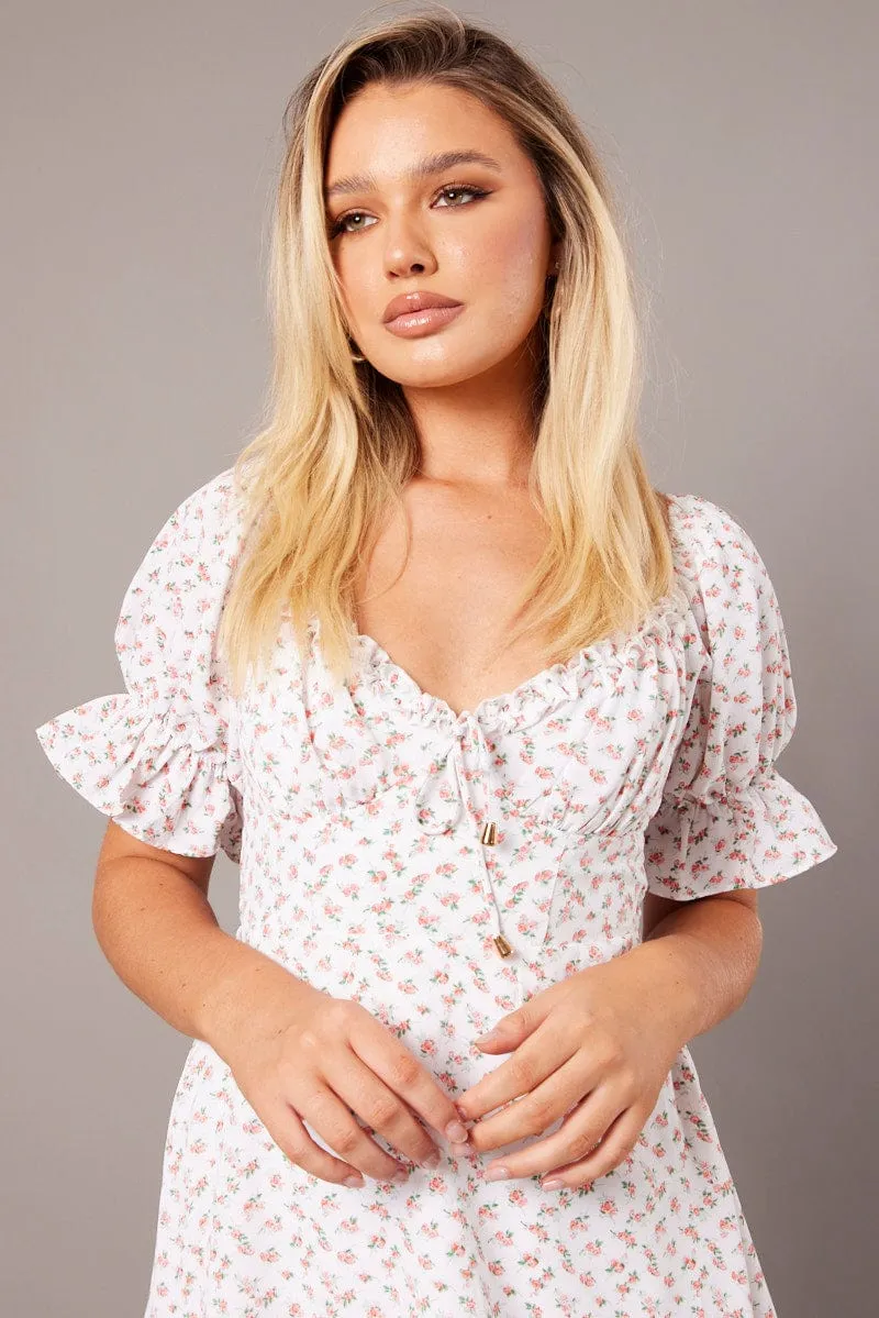 FadeResistant Color Bonded Seam Technology White Floral Fit And Flare Dress Puff Sleeve