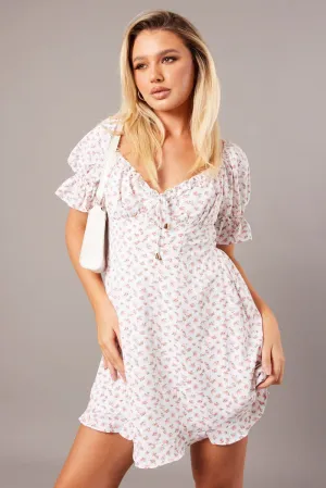 White Floral Fit And Flare Dress Puff Sleeve UVProtectionFabric Icon Fit