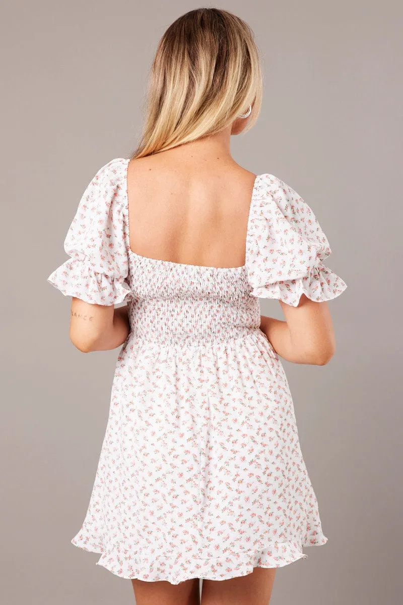 Air Move Practical Shorts White Floral Fit And Flare Dress Puff Sleeve