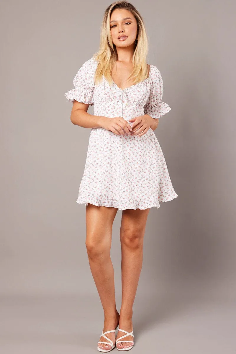 NoSlipTrims Sporty Dress White Floral Fit And Flare Dress Puff Sleeve