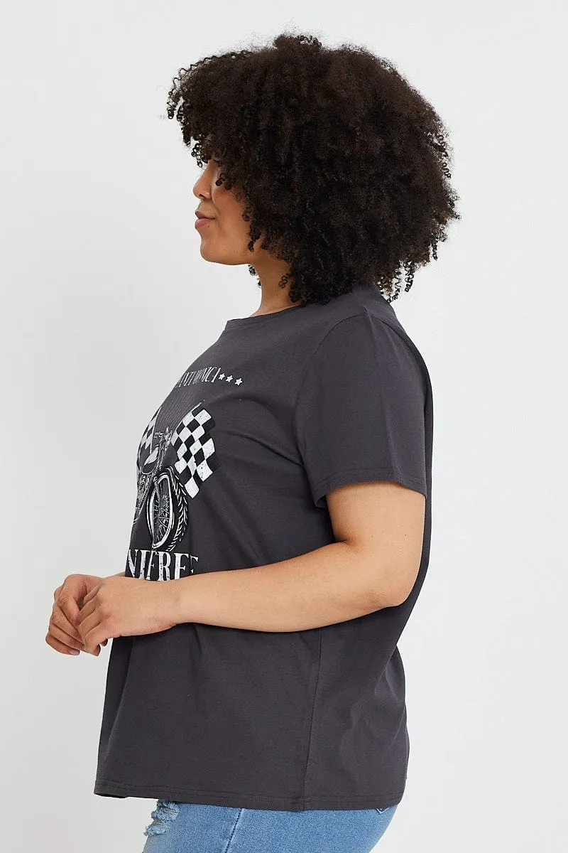 Grey Graphic T-shirt Crew Neck Short Sleeve Distressed Hem Finish
