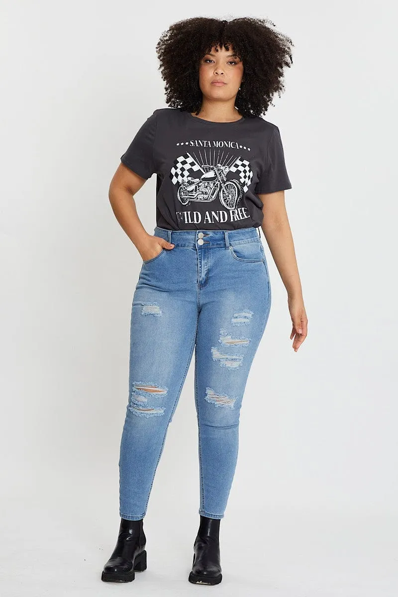 Classic Wear Grey Graphic T-shirt Crew Neck Short Sleeve