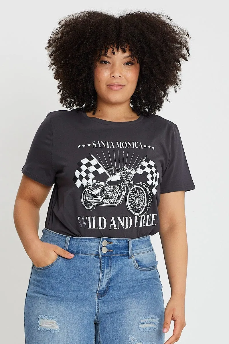 Grey Graphic T-shirt Crew Neck Short Sleeve FadeResistantPrint Sleep